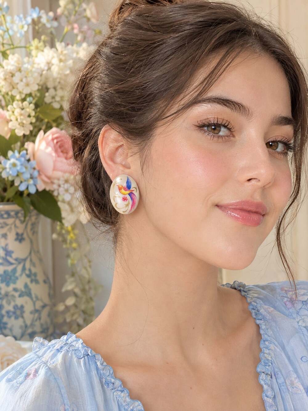 Cream Resin Bird of Paradise Floral Oval Statement Stud Earrings Retro